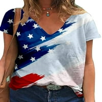 Enwejyy Ženska Američka Zastava Print V-Izrez Kratki Rukav Opušteno Kroj Dan Nezavisnosti Majica Bluza
