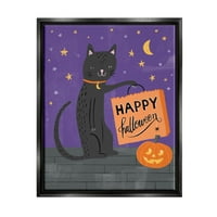 Stupell Industries Happy Halloween crna mačka grafička Umjetnost Jet Crni plutajući uokvireni platno print
