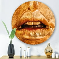 Designart 'Close Up of Female Lips With Bright Golden Makeup' Modern Circle Metal Wall Art-disk of 23