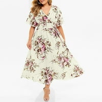 Ženska ljetna Plus Veličina cvjetna boho haljina kratki rukav V izrez Maxi haljina visokog struka Swing