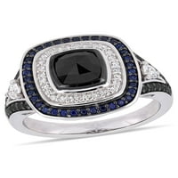 Miabella 1-karat T. W. crno-bijeli dijamant i karat T. G. W. safir 10k bijeli Zlatni dvostruki Halo prsten