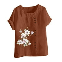 Ljetne velike platnene košulje za žene slatki cvjetni Print kratki rukav okrugli vrat tunika Tee lagana