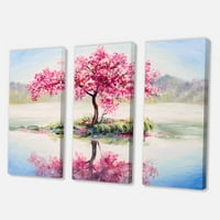 Oriental Cherry Pink Tree Sakura Na Jezeru Painting Canvas Art Print