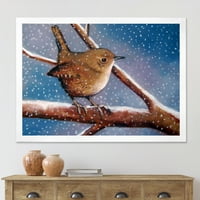 Dizajnerska Wren ptica na grani zimi seoska kuća uokvirena umjetničkim otiskom