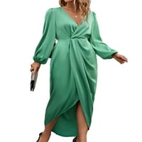 Elegantna V izrez ugrađena haljina dugih rukava zelene ženske haljine XL