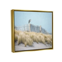 Stupell Ptica Smještena Nautička Ograda Na Plaži Pejzažno Slikarstvo Zlatni Plovak Uokviren Art Print