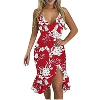 Clearance ljetne haljine za žene cvjetna do koljena s koricama bez rukava Casual V-izrez haljina crvena m